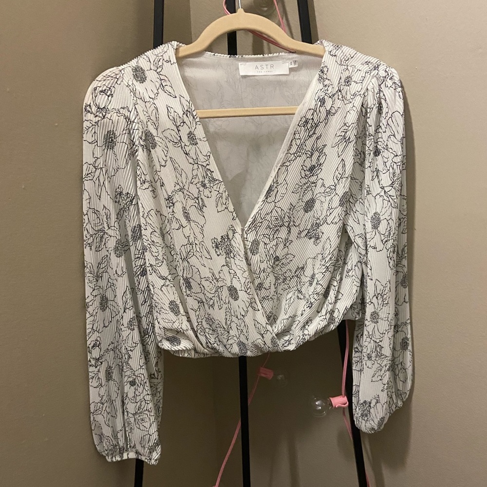ASTR the Label Plisse Long Sleeve Surplice Wrap Top